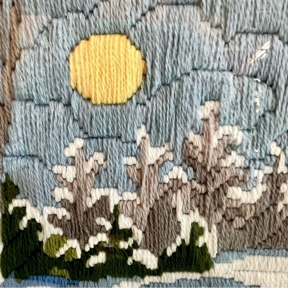 Crewel Embroidery Art Hand Stitched Winter Snow Scene Professionally Framed EUC - Picture 5 of 13